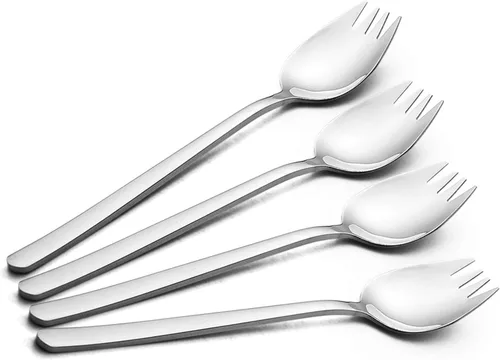 YFWOOD Sporks, 4 tenedores de acero inoxidable 18/10, tenedores de metal para acampar y uso doméstico, mango largo de 7.4 pulgadas de largo para