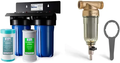 iSpring WGB21BM Sistema de filtración de agua de 2 etapas para toda la casa, filtros reductores de manganeso de 10 x 4.5 pulgadas, puertos de 1