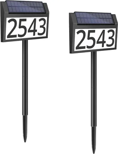Miniatura 10 de MAXvolador Letrero de dirección solar iluminado, números de casa impermeables, placas de dirección iluminadas con luces LED solares con estacas, 3