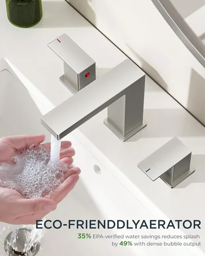 Miniatura 3 de FORIOUS Grifos de baño de níquel cepillado de 3 agujeros, acero inoxidable 2 manijas cuadradas de 8 pulgadas, grifo de fregadero de baño extendido