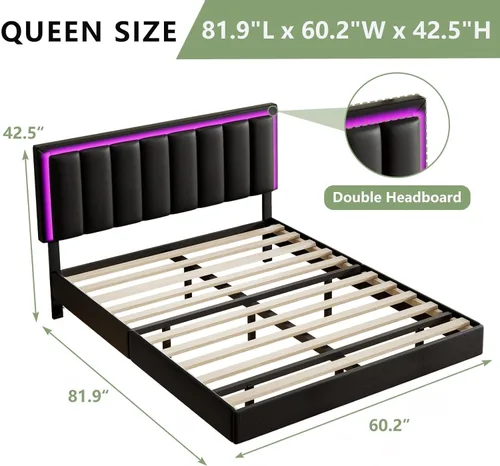 Miniatura 2 de IMMERSTABLE Marco de cama flotante tamaño Queen, marco de cama tapizado tamaño Queen con cabecero, luces LED RGB, soporte de listones de madera Negro
