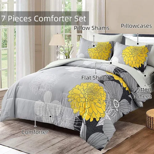 Miniatura 3 de Yiran - Juego de edredón de 7 piezas en una bolsa, edredón floral amarillo con flores, ropa de cama de microfibra suave, tamaño King