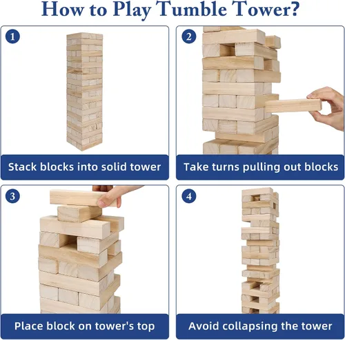 Miniatura 3 de Offelec Juegos de Bloques de Torre Tambaleante, Juego de Apilamiento de Bloques de Madera Grandes para Niños Adultos Familia, Juegos de Mesa