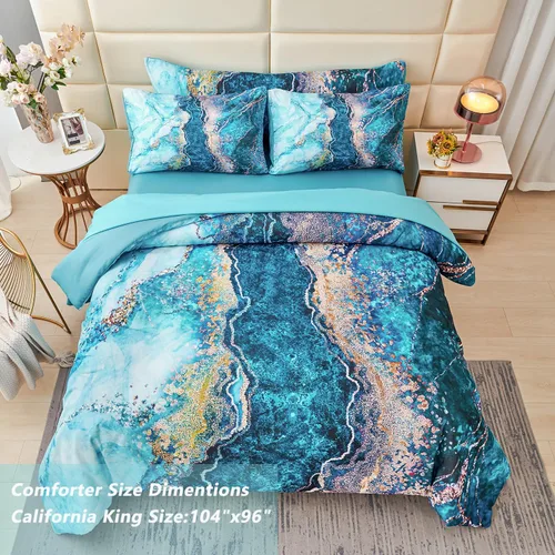 Miniatura 4 de PERFEMET Juego de ropa de cama edredón de 6 piezas para cama California King en una bolsa, patrón de mármol acuarela, juego de edredón estético arte