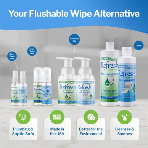 Miniatura 8 de Refresh Liquid Wipe: Espuma de papel higiénico, alternativa ecológica a toallitas húmedas, limpia y calma con hamamelis y aloe, seguro
