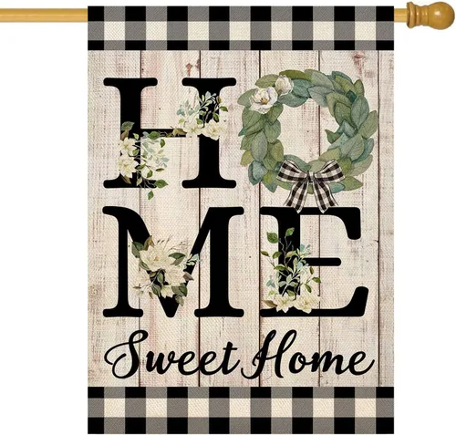 Miniatura 13 de ORTIGIA Home Sweet Home - Bandera de jardín de magnolia de doble cara de 12.5 x 18 pulgadas, para primavera y verano, a cuadros, pequeña bandera