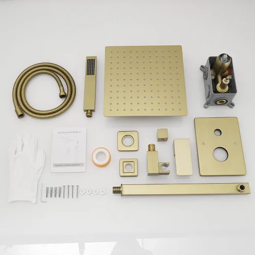 Miniatura 6 de Sistema de ducha dorado cepillado de 10 pulgadas para baño, mezclador de lluvia de lujo, juego combinado de ducha montado en la pared, cabezal