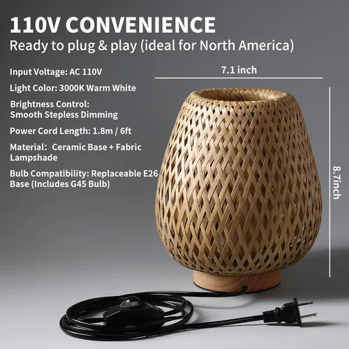 Miniatura 3 de Lámpara de mesa bohemia con base de madera tejida de doble capa, lámpara de ratán pequeña para mesita de noche, enchufe de 110 V, enchufe E26