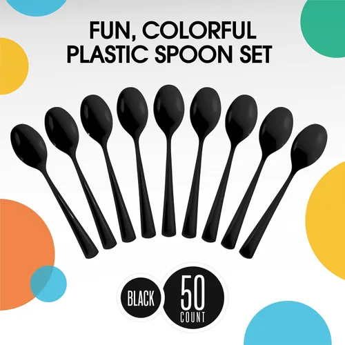 Miniatura 3 de Exquisite Cucharas de plástico negras, 50 piezas, cucharas negras, utensilios desechables, juego de cubiertos de plástico resistente