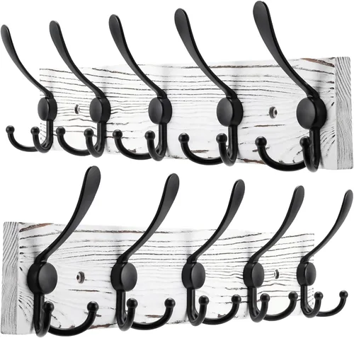 Miniatura 11 de Kuhome Perchero de madera para colgar sombreros de pared, tablón de madera real de pino de 16.9 pulgadas, color marrón, con 5 ganchos triples