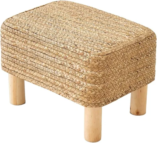 Miniatura 11 de Taburete redondo otomano natural de algas marinas, taburete de pie con 4 patas de madera, taburete redondo tejido a mano, taburete de sofá, taburete