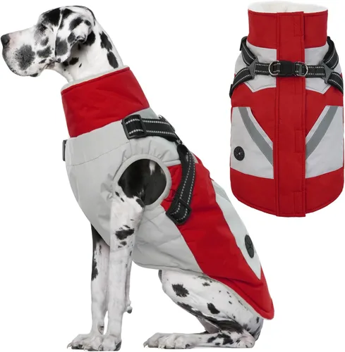 Miniatura 16 de IECOii Chaqueta para perro con arnés de invierno integrado, color negro, XXXL, abrigo de perro con cremallera, ropa de invierno para perros grandes