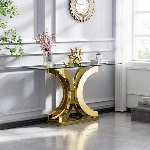 Miniatura 171 de Mesa de centro de cristal de lujo, mesa de centro de sofá de 47 pulgadas con marco de acero inoxidable dorado y parte superior de vidrio negro, mesa