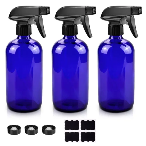 Worldgsb Botellas de vidrio en aerosol, botellas de vidrio azul de 16 onzas con etiquetas y boquilla ajustable, recipientes reutilizables para