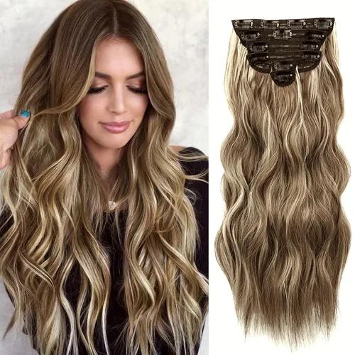 Miniatura 13 de NAYOO Extensiones de cabello con clip, de 20 pulgadas, largo, ondulado, rizado, rubio ceniza, extensiones de cabello sintético de cabeza completa