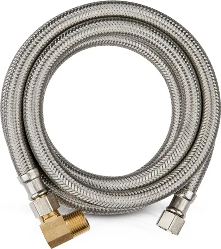 Paquete de 1 manguera Foskan de acero inoxidable para lavavajillas de 4 pies con compilación de 3/8 pulgadas x 3/8 pulgadas MIP 90° codo, conector