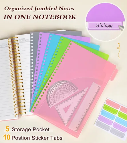 Miniatura 3 de Cuaderno de 5 asignaturas con rayas universitarias con pestañas divisorias de bolsillo removibles, cuaderno en espiral de 240 páginas de 8.5 x 11