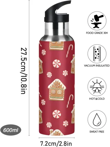 Miniatura 8 de Insulated Water Bottle 20 Oz, BPA-Free Sport Water Bottle for Gym Outdoor Travel School, Gingerbread Houses