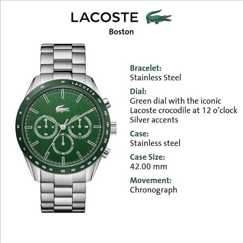 Miniatura 6 de Lacoste Reloj Boston de cuarzo para hombre con correa de acero inoxidable, plata, 20 (Modelo 2011080), Plateado, Reloj de cuarzo