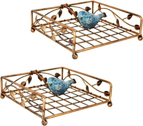 Miniatura 6 de OwlGift Collection - Soporte para servilletas plano de metal con revestimiento negro con pájaro de cerámica, cocina y encimera, organizador