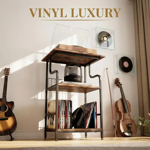 Miniatura 8 de Soporte para tocadiscos, mesa para tocadiscos de 3 niveles, almacenamiento de discos de vinilo con escritorio extragrande, mesa auxiliar para discos