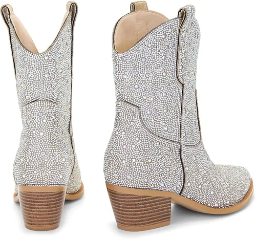 Miniatura 6 de STALOV Botas vaqueras cosidas para mujer, punta puntiaguda, tacón bajo y grueso, botas vaqueras occidentales bordadas