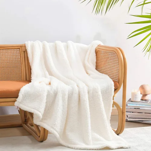 Miniatura 25 de Manta Sherpa de forro polar ultrasuave, tamaño Queen, manta de cama bohemia ligera y acogedora con borla decorativa, patrón reversible, 2 tonos
