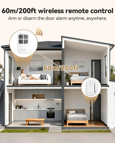 Miniatura 3 de TECKNET Alarma de puerta inalámbrica con control remoto, sensor de puerta de 130 dB con flash LED, 4 modos de alerta y 5 volúmenes ajustables