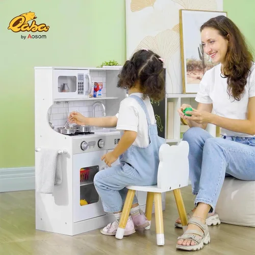 Miniatura 2 de Qaba Juego de Cocina de Juguete para Niños - Cocina de Simulación con Teléfono, Pizarra, Perchero de Toallas, Máquina de Hielo, 5 Accesorios