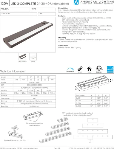 Miniatura 4 de American Lighting 3LC, luminaria para bajomesada con 3 ledes de 3 temperaturas de color diferentes, regulables, de 120 V, Marrón, 3LC-24-DB