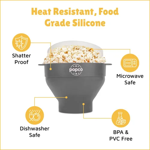Miniatura 6 de POPCO Palomitas de maíz de silicona para microondas con asas, máquina de palomitas de maíz, cuenco plegable y apto para lavavajillas, 15 colores Gris