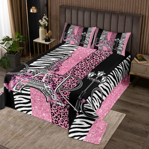 Miniatura 15 de Juego de colcha con lazo para niños, tamaño individual, diseño de cebra y leopardo con purpurina, decoración de habitación para niñas y mujeres