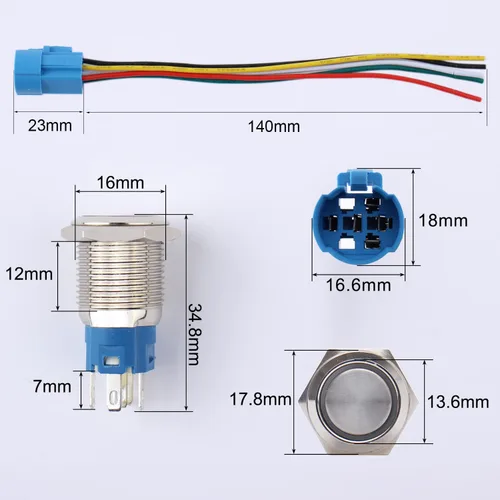 Miniatura 2 de 2 interruptores de botón de bloqueo de 0.630 in 12V-24V 1NO 1NC impermeable IP66 botón de metal autobloqueante para orificio de montaje de 5/8