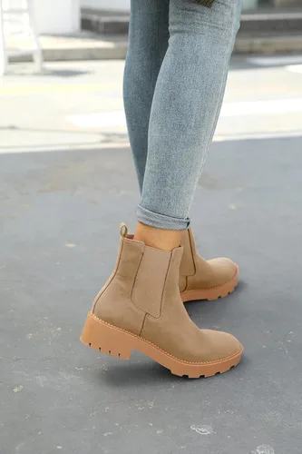 Miniatura 4 de Coutgo Botas Chelsea con plataforma gruesa y de tacón bajo para mujer, botas de tobillo elásticas de gamuza