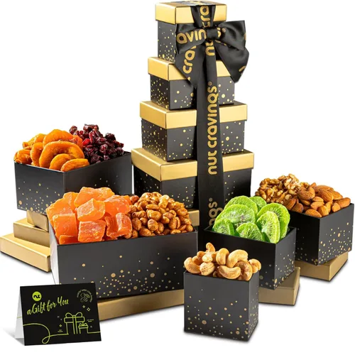 Miniatura 19 de NUT CRAVINGS - Cesta de regalo de frutas secas y nueces mixtas, torre roja + cinta de corazón (12 surtidos), arreglo de alimentos, paquete