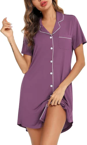 Miniatura 42 de Samring Camisón de pijama para mujer, manga corta/larga, con botones, camisón para dormir, camisón para novio, talla XXL