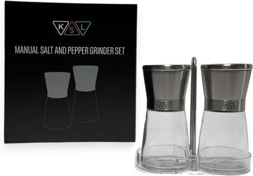 KSL - Juego de salero y pimentero de vidrio manual original, salero y pimentero de acero inoxidable, increíble regalo para cualquier cocina
