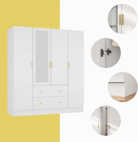Miniatura 8 de FUNSIR Armario de dormitorio de 4 puertas, armario de madera con espejo, 2 rieles para colgar ropa, 5 estantes de almacenamiento y 2 cajones, unidad