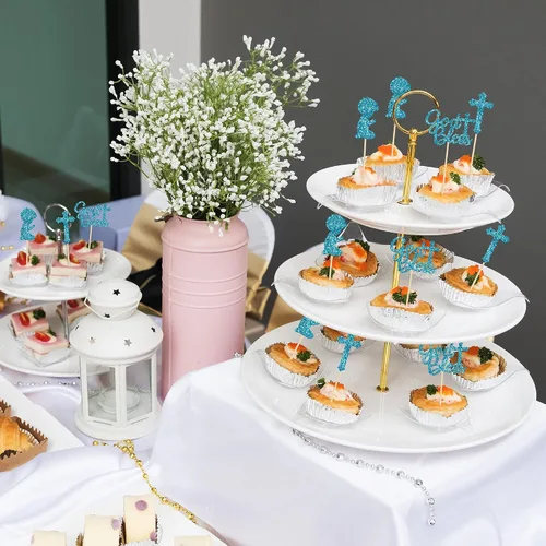 Miniatura 6 de Gyufise 24 piezas de decoración de cupcakes con purpurina azul que Dios bendiga y cruz, decoración de pastel para baby shower, bautismo, fiesta