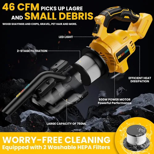 Miniatura 4 de Aspiradora inalámbrica para batería Dewalt de 20 V, aspiradora de mano ligera 5 en 1 con potente motor de 500 W, aspiradora de mano portátil de 46