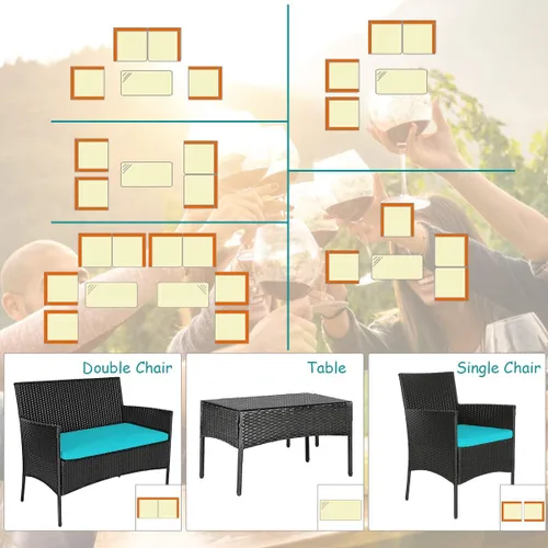 Miniatura 8 de Tangkula Juego de muebles de patio de 4 piezas, juego de conversación de mimbre para exteriores con mesa de centro de vidrio templado, sofá biplaza