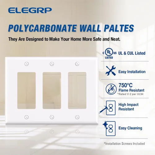 Miniatura 2 de ELEGRP Placas decorativas de pared de 3 posiciones, tamaño mediano 4.88" H x 6.75" L, cubierta frontal termoplástica irrompible para interruptor