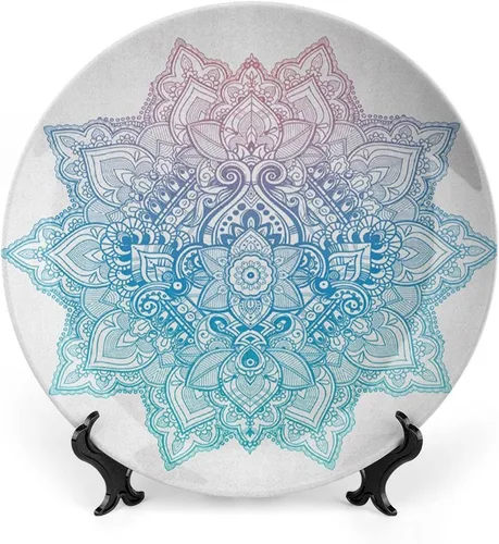 Plato decorativo de 8 pulgadas, cerámica de loto, tatuaje bohemio zen, tono pastel, mandala abstracto de loto, placa de exhibición para mesa de Lila