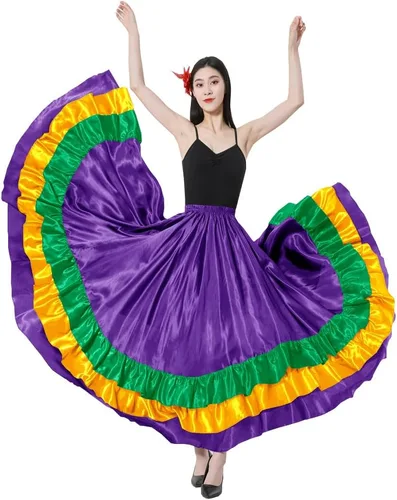 Miniatura 12 de Falda larga de baile para adultos, color negro, rojo, verde, falda folklórica para disfraz de Halloween flamenco mexicano