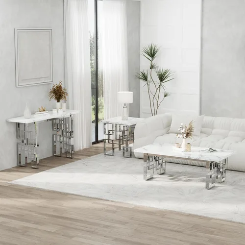 Miniatura 8 de AUZ Mesa auxiliar plateada, moderna mesa auxiliar cuadrada para sala de estar con parte superior de mármol sintético blanco y base geométrica