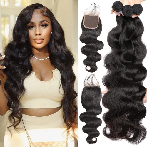 Miniatura 10 de Paquetes con extensiones de cabello ondulado con cierre (10 12 14+10, parte libre) cierre de encaje 4×4 con 3 paquetes 100% cabello humano virgen
