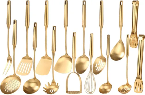Juego de Utensilios de Cocina Dorados – Juego de Cucharas Pequeñas y Grandes de Acero Inoxidable 18/10, 16 PIEZAS Herramientas de Cocina Totalmente