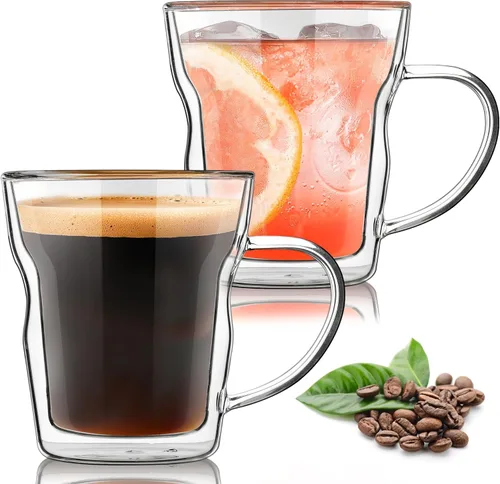 Miniatura 10 de Joeyan Juego de 2 tazas de café de vidrio de doble pared de 10.8 onzas, tazas de café de vidrio transparente aisladas con asa, tazas térmicas de dos