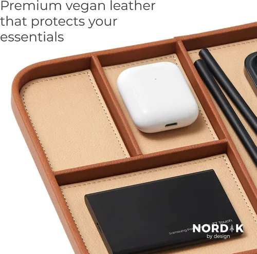 Miniatura 3 de Nordik - Bandeja de valet de cuero, color marrón arena, bandeja de mesita de noche elegante y organizada de cuero vegano de primera calidad