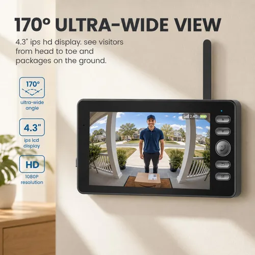 Miniatura 3 de TKMARS Timbre de puerta inalámbrico sin suscripción, portero bidireccional, IPX65 impermeable, pantalla de 4.3 pulgadas, ángulo de visión de 170°